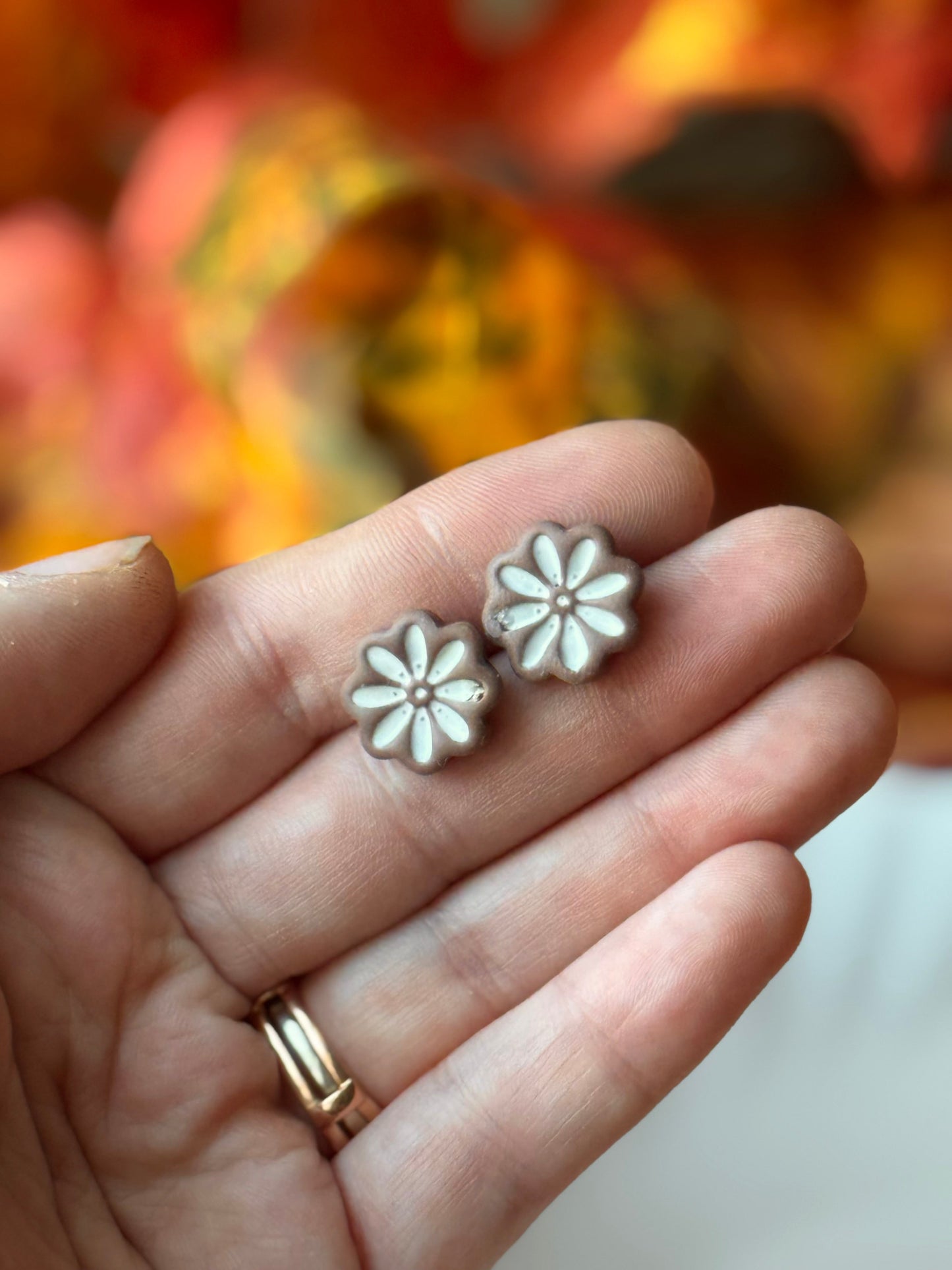 Brown and White Flower Studs