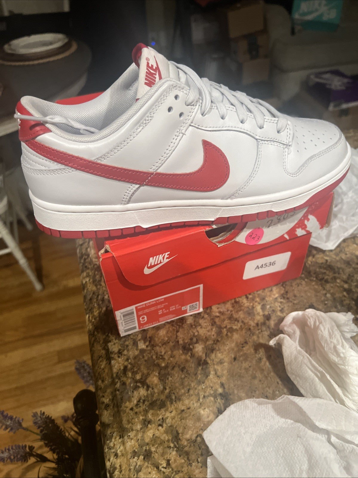 Size 9- Nike Dunk Low Athletic Department - Picante Red Grey Varsity Red White