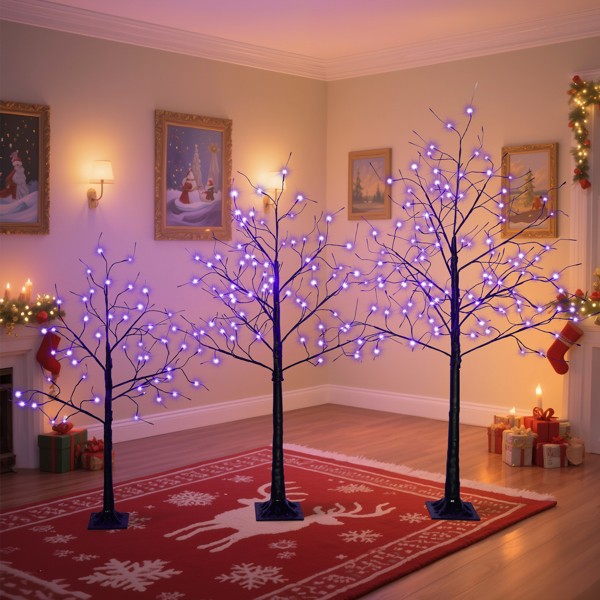Set Of 3 Halloween Ghost Trees With Purple Lights, 4 Feet, 5 Feet, And 6 Feet, B