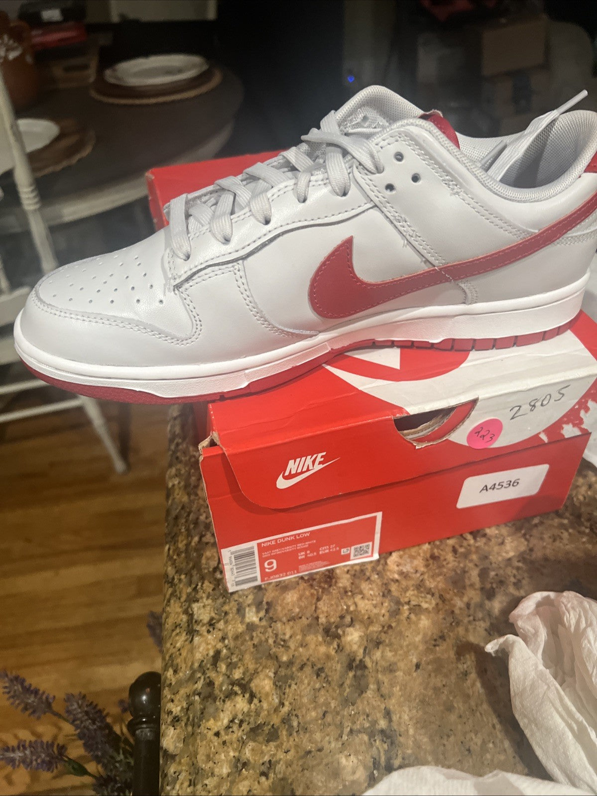 Size 9- Nike Dunk Low Athletic Department - Picante Red Grey Varsity Red White