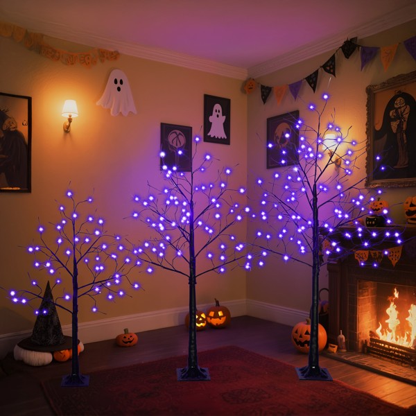 Set Of 3 Halloween Ghost Trees With Purple Lights, 4 Feet, 5 Feet, And 6 Feet, B