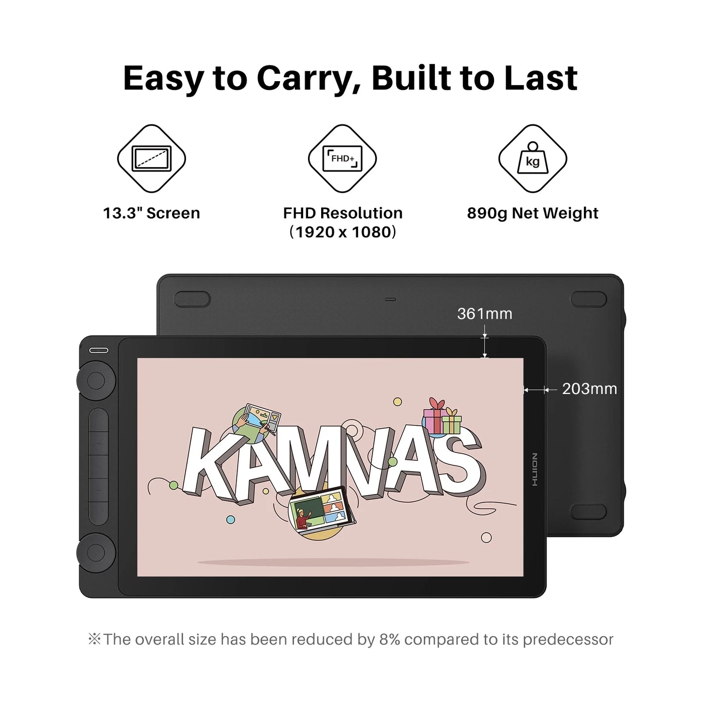 Huion Kamvas 13 Gen 3 Drawing Display 13.3" Art Tablet+Anti-sparkle Canvas Glass, 99% sRGB, PenTech 4.0 16384 Pen Pressure