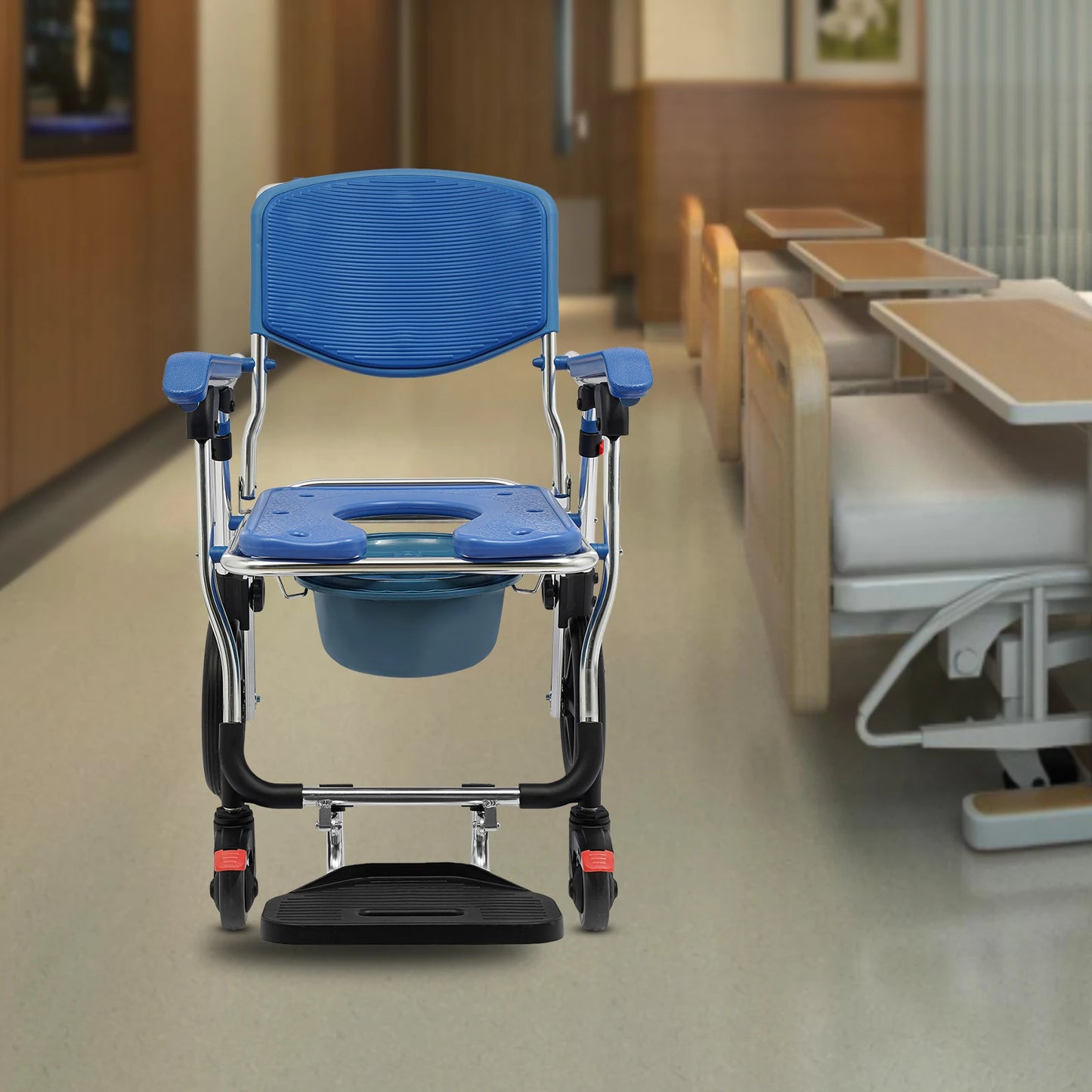 Folding Shower Commode Wheelchair Scratch-Resistant Shower Chair with Wheels Easy to Store for Families/Hospitals/Nursing Center
