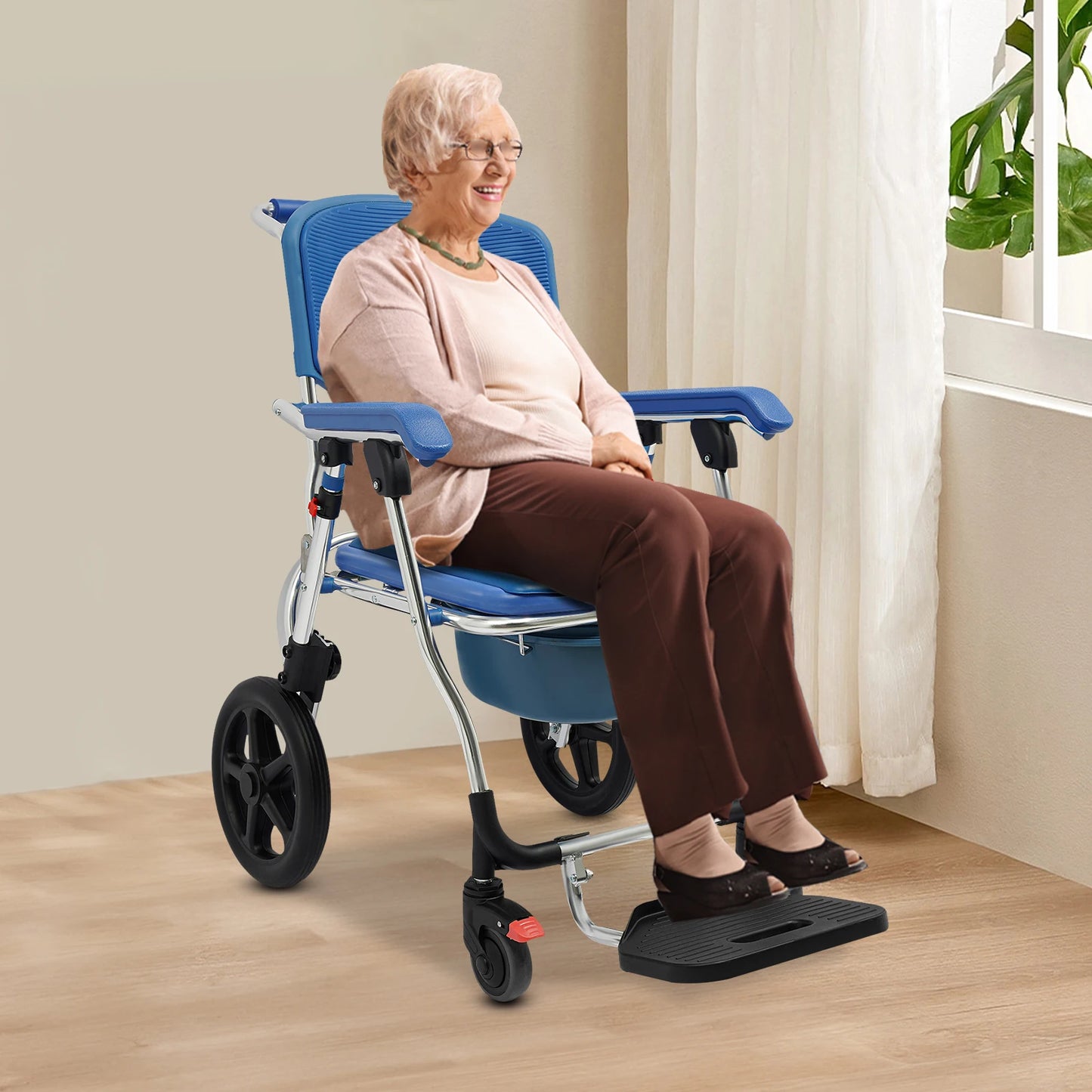 Folding Shower Commode Wheelchair Scratch-Resistant Shower Chair with Wheels Easy to Store for Families/Hospitals/Nursing Center
