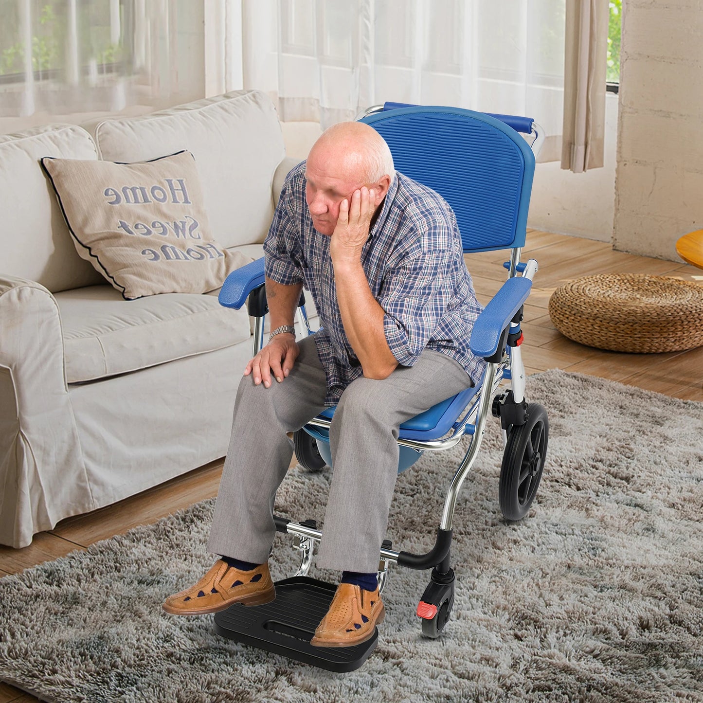 Folding Shower Commode Wheelchair Scratch-Resistant Shower Chair with Wheels Easy to Store for Families/Hospitals/Nursing Center
