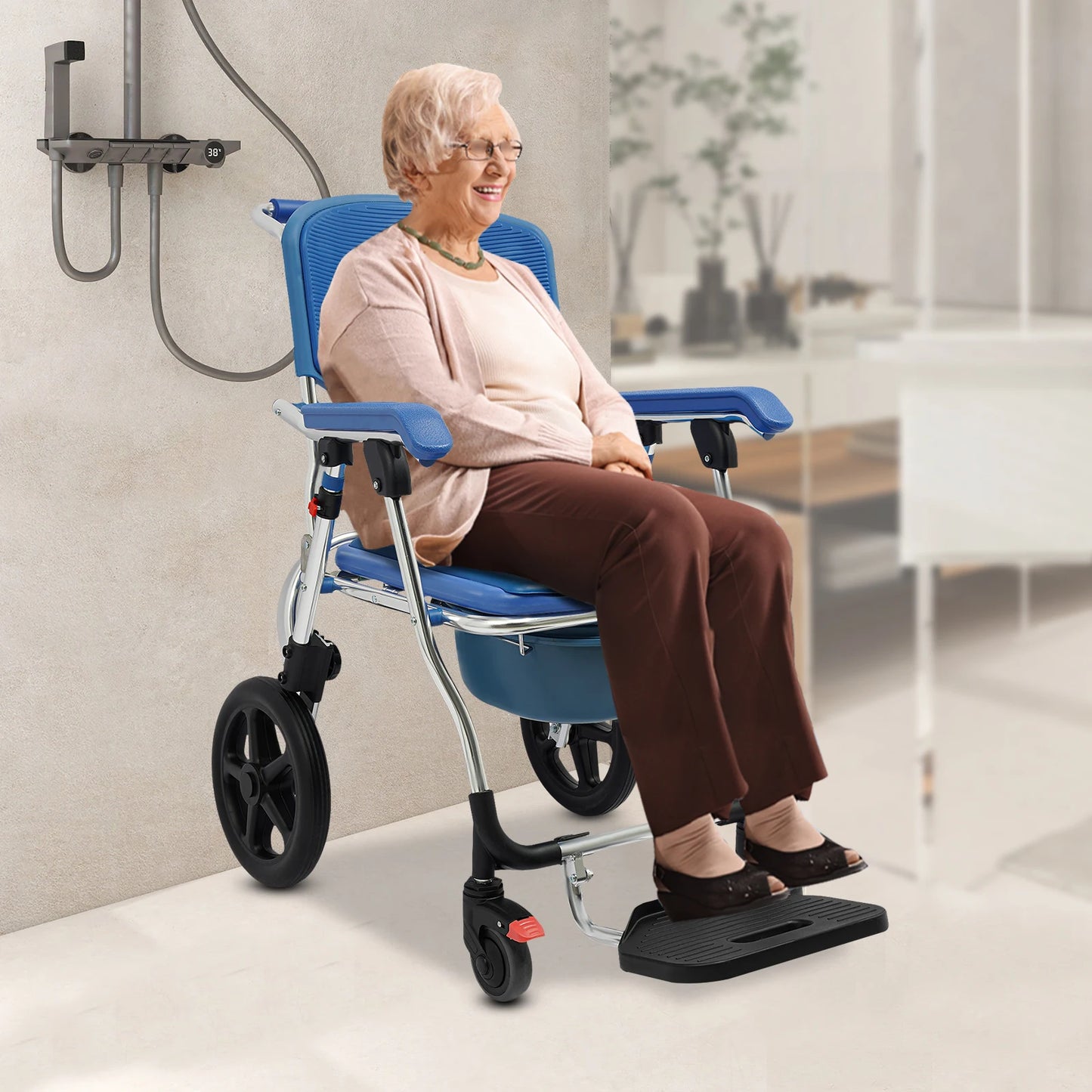 Folding Shower Commode Wheelchair Scratch-Resistant Shower Chair with Wheels Easy to Store for Families/Hospitals/Nursing Center