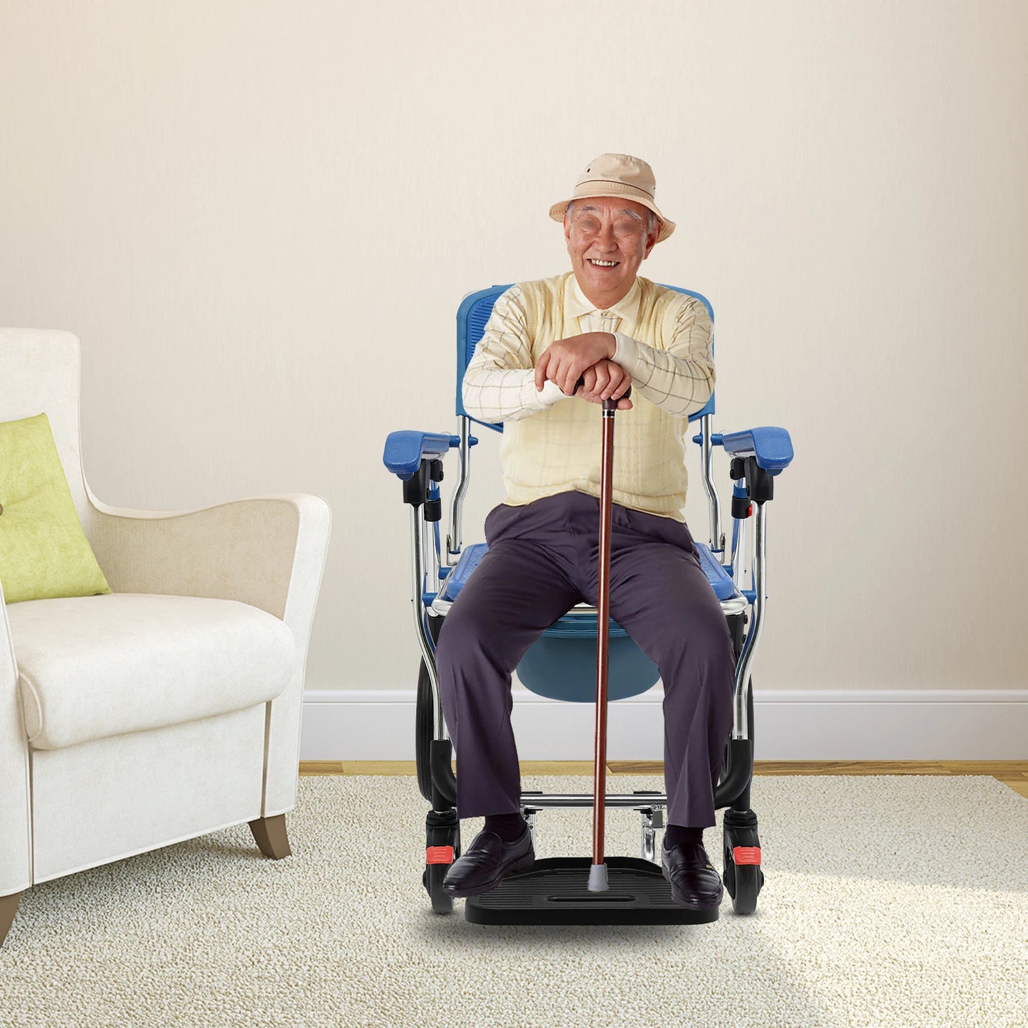 Folding Shower Commode Wheelchair Scratch-Resistant Shower Chair with Wheels Easy to Store for Families/Hospitals/Nursing Center