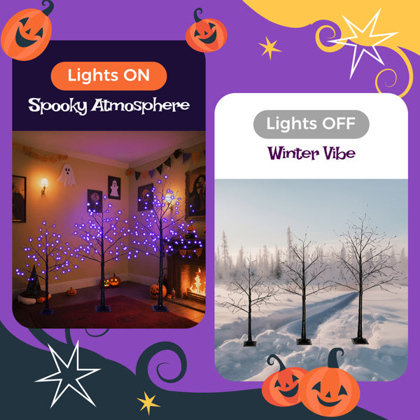 Set Of 3 Halloween Ghost Trees With Purple Lights, 4 Feet, 5 Feet, And 6 Feet, Black Glowing Trees For Halloween Decoration