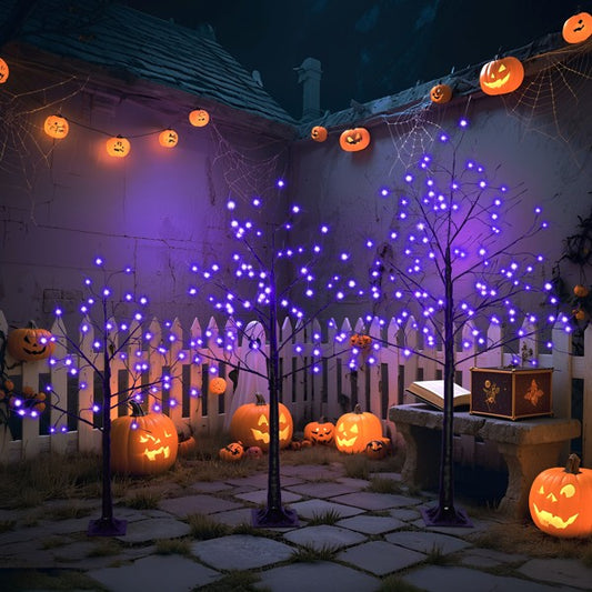 Set Of 3 Halloween Ghost Trees With Purple Lights, 4 Feet, 5 Feet, And 6 Feet, B
