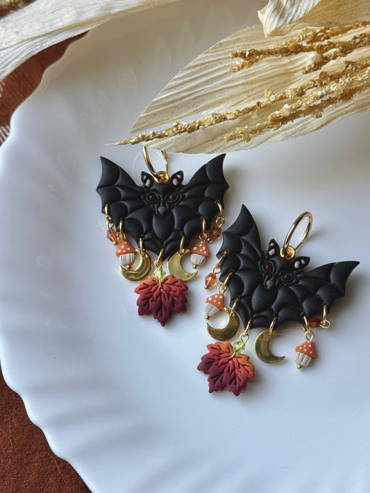 Autumn Beaded Bat Earrings, Black