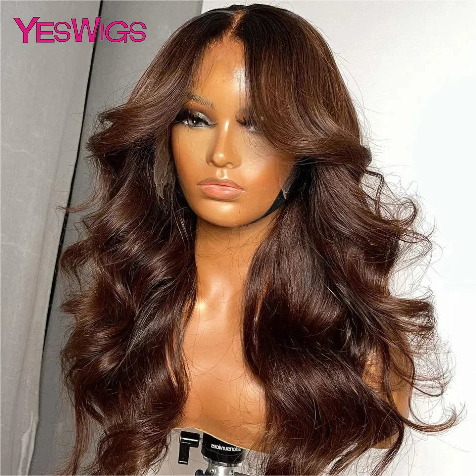 13x6 Chocolate Brown Body Wave Lace Front Wig HD Transparent Lace Frontal Wig Human Hair Preplucked Colored Human Hair Wigs 180%