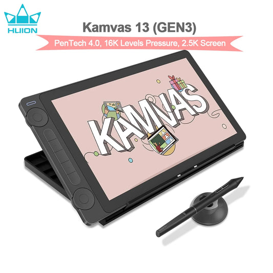 Huion Kamvas 13 Gen 3 Drawing Display 13.3" Art Tablet+Anti-sparkle Canvas Glass, 99% sRGB, PenTech 4.0 16384 Pen Pressure